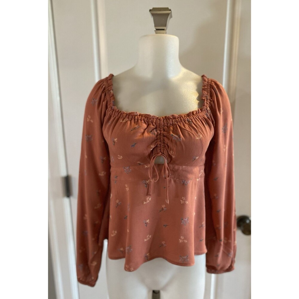 Lucky Brand Top Womens S Floral Long Puff Sleeve Pullover Babydoll Boho NEW
